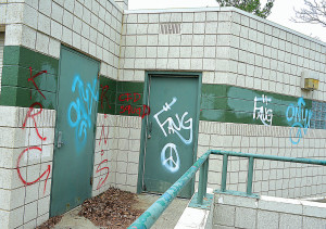 Vandals hit the Scripter Park beach house off S. Glaspie St. in Oxford Village. Judging by the graffiti tags left behind, it was the work of two individuals going by the names of "Fang" and "Onyx." The red graffiti is from a previous incident, according to village DPW Superintendent Don Brantley.