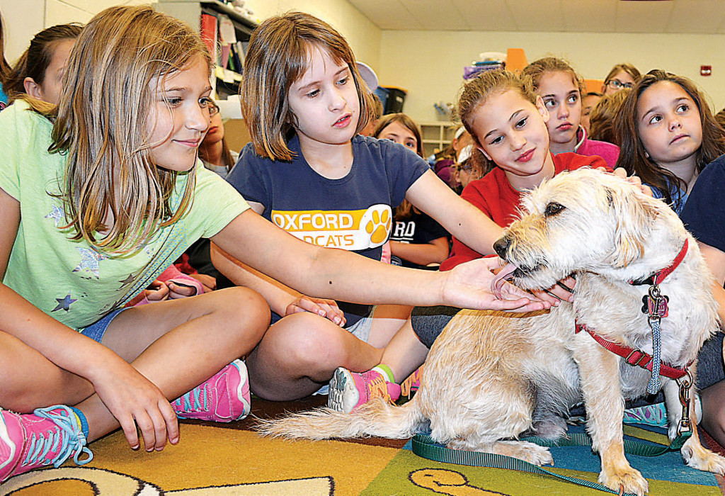 Sammy the Dog, a furry little ambassador for the K-9 Stray Rescue League in Oxford, was a huge hit with Clear Lake Elementary students like (from left) Allison Hepp, Ana Boggess, Peytan Rivers, Taylor Derey and Heidi Allen.