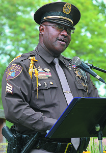 Oakland County Sheriff's Sgt. Michael Johnson addresses Vietnam veterans during a picnic Saturday at Christ the King Church in Oxford. Photo by C.J. Carnacchio.