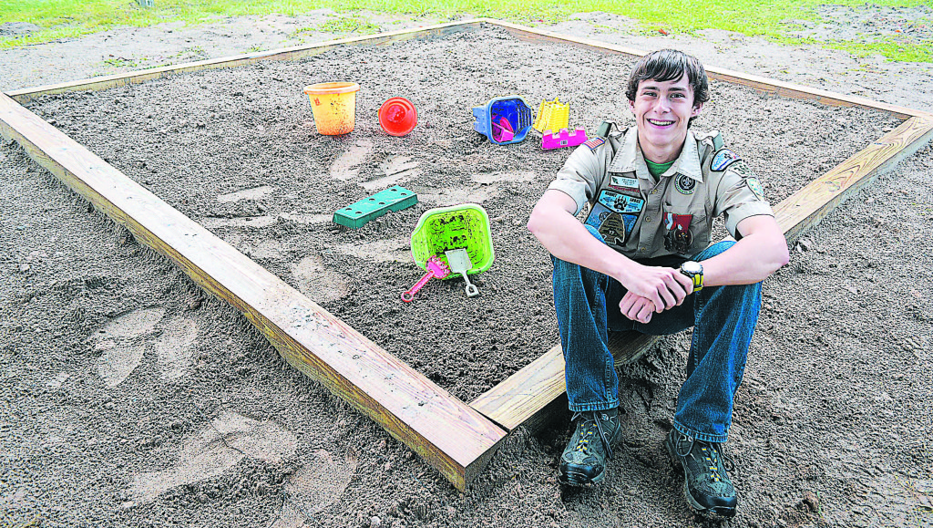 Life Scout Joe Legault planned and oversaw the construction of a new sandbox for younger students at Kingsbury Country Day School in Addison. Photo by C.J. Carnacchio.
