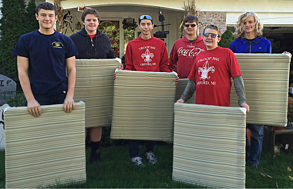 Paul DeAngelis worked with a team of five other scouts from Oxford’s Troop 366 to create the dog beds for the K-9 Rescue League in Oxford. (Left to right)  Peter Veltigian, Steven Patterso, DeAngelis, Bailey Streeter, Adam Bertich and Logan Streeter.