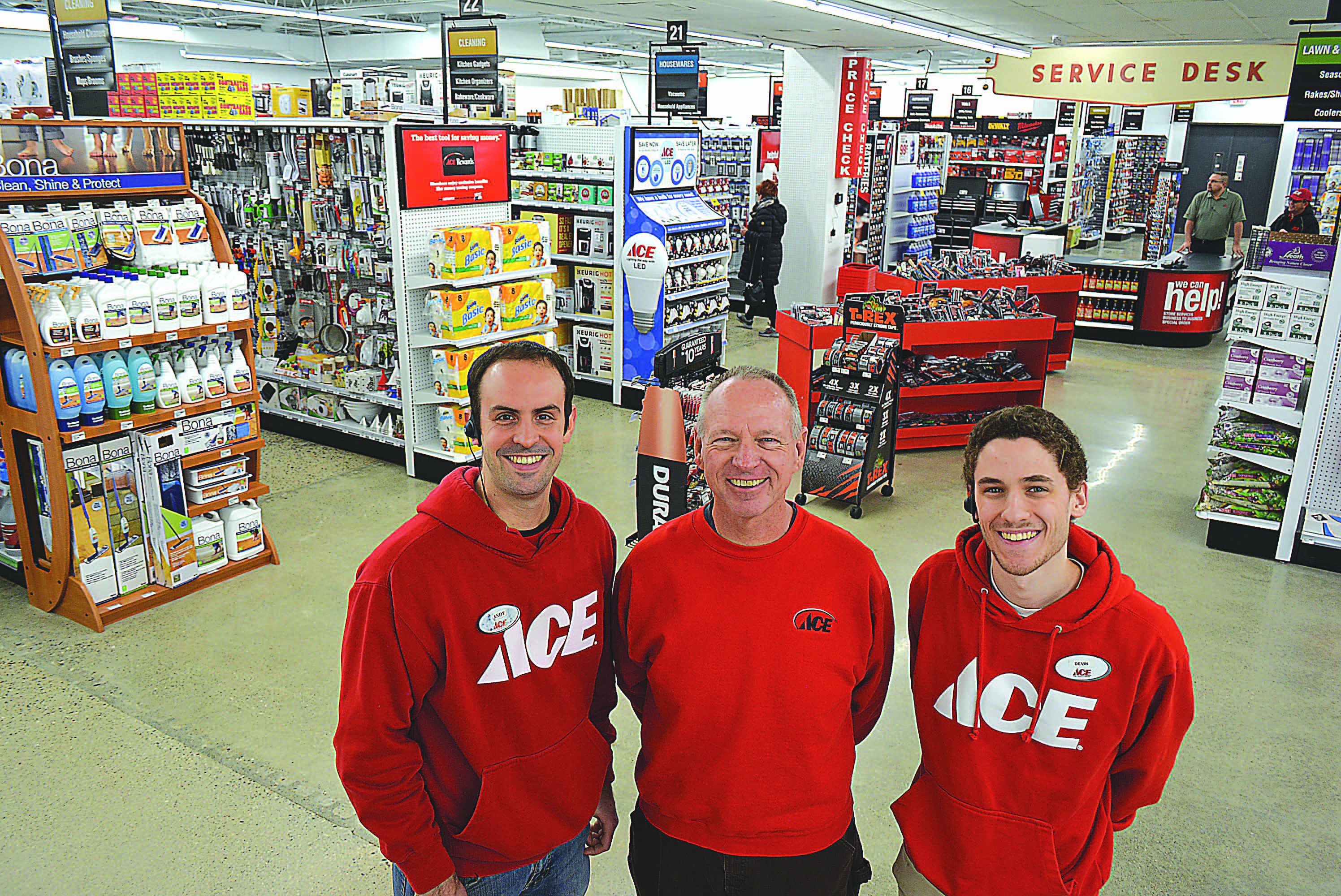 Marv Stone (center), owner of Stones Ace Hardware, is flanked by Store Manager Andrew Behr (left) and employee Devin Boes. Photos by C.J. Carnacchio.