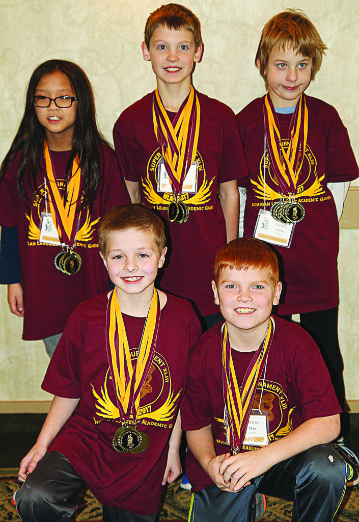Team Trouble consisted of (back-left, clock-wise) Jenna Duong, Owen Pavloc, Gavin Feiner, Max Lovins, and Luke Diegel. The team won four state championships at the Academic Games held March 1-3.
