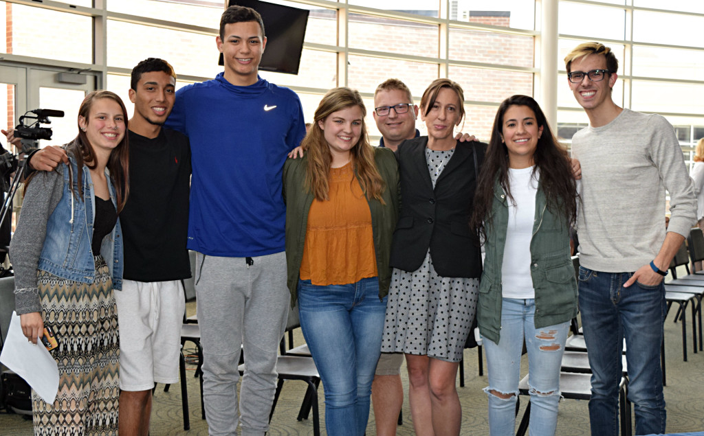 These Oxford High School seniors are recording tapes to explain why suicide isn’t the answer. Shown (from left) are Maddy Drypes, Jordan Jaden, Jeam Linares, Alexa Alban, Darrin Hafeli, Amy Hafeli, Kayla Manzella and Dylan Koss. Photo by Elise Shire.