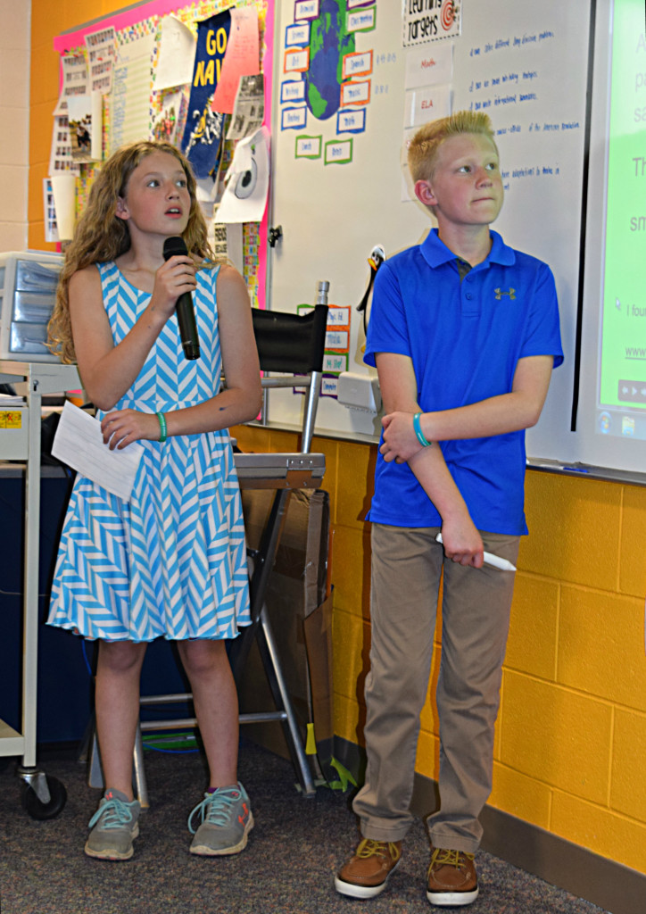 Skyler Ellis and Ben Bruski, fifth-graders at Leonard, give a presentation on the dangers of smoking. Photo by Elise Shire.