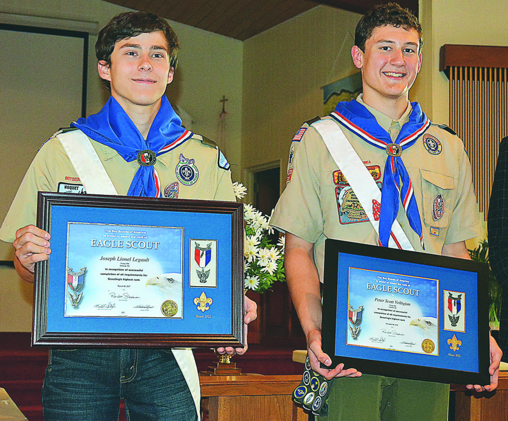 Eagle Scouts Joe Legault (left) and Peter Veltigian, both members of Troop 366, received their medals and certificates during a June 13 Court of Honor ceremony held at Oxford United Methodist Church. Photo by C.J. Carnacchio.