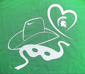 The t-shirt mixes the Lone Ranger with Spartan pride.