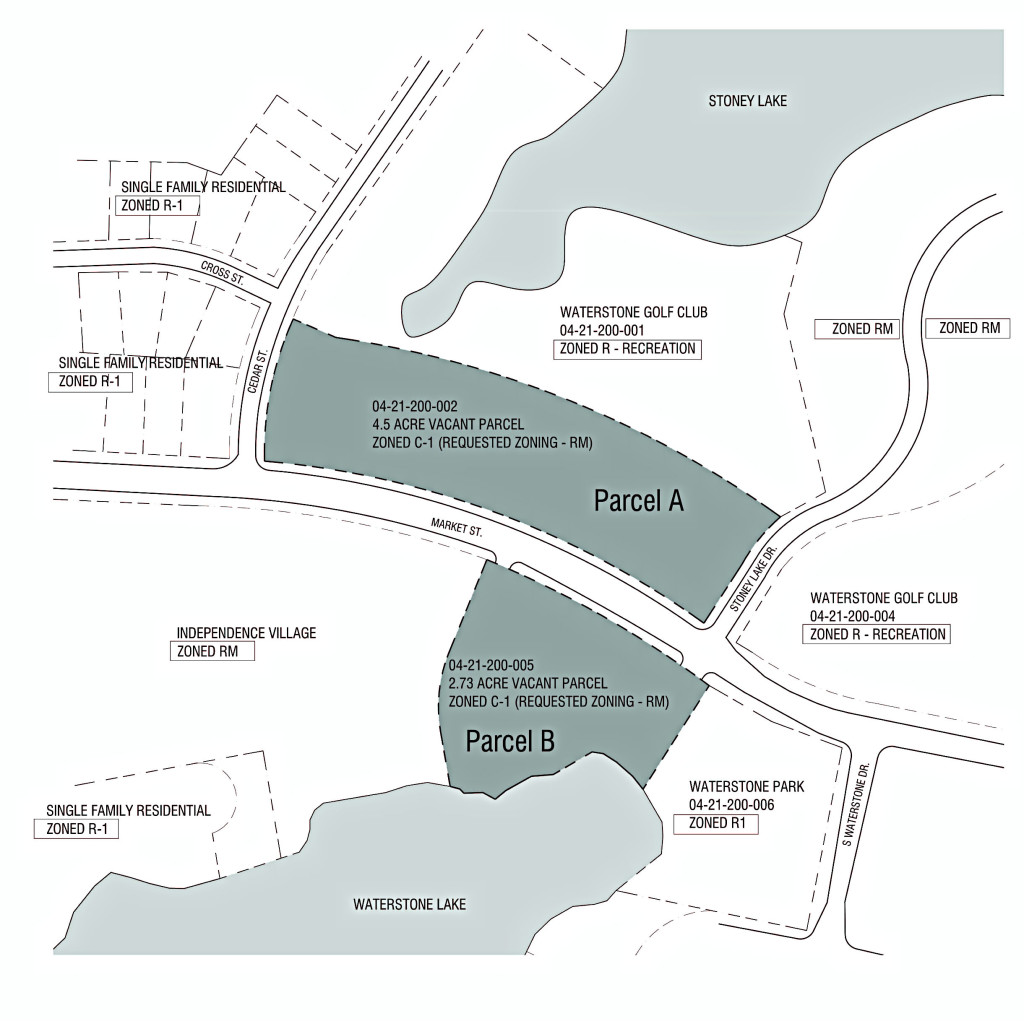 The Oxford Township Planning Commission voted 5-1 to recommend these two pieces of property (Parcels A and B) in the Waterstone development be rezoned from commercial to multiple family. A developer wants to build condominiums there.