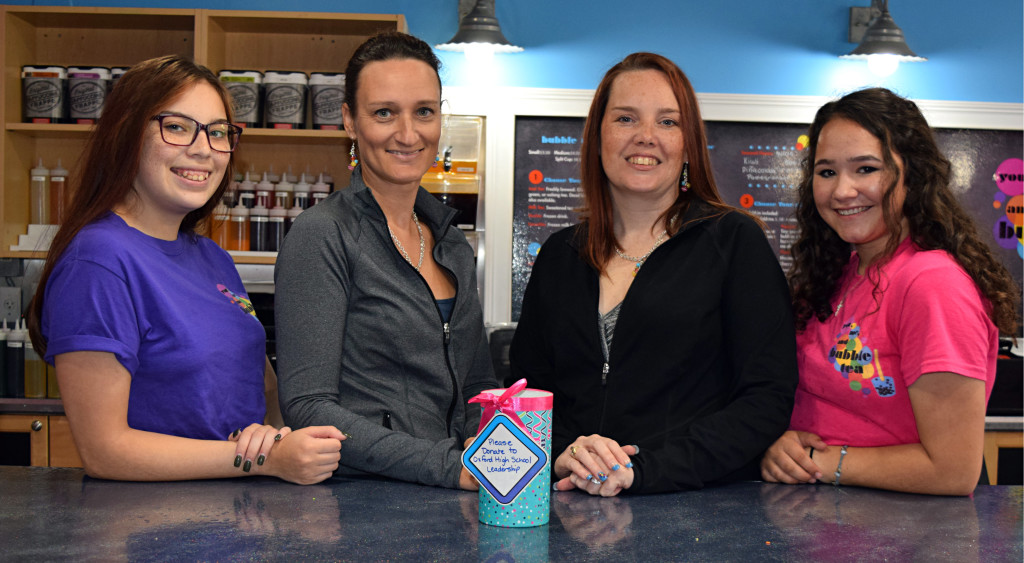 You, Me, and Bubble Tea Owners Cathy Darling and Stacey Beane (center, left to right) pose with employees Aiyana Tenorio-Pindter (far left) and Regina Hogan. The business has raised more than $4,000 in donations for local organizations since opening in April.