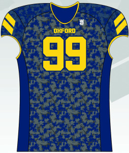 These special blue-and-gold camouflage jerseys, made by Sports Addix based in Lowell, Michigan, will be worn by the Oxford varsity football squad during their Sept. 22 home game against Clarkston. 