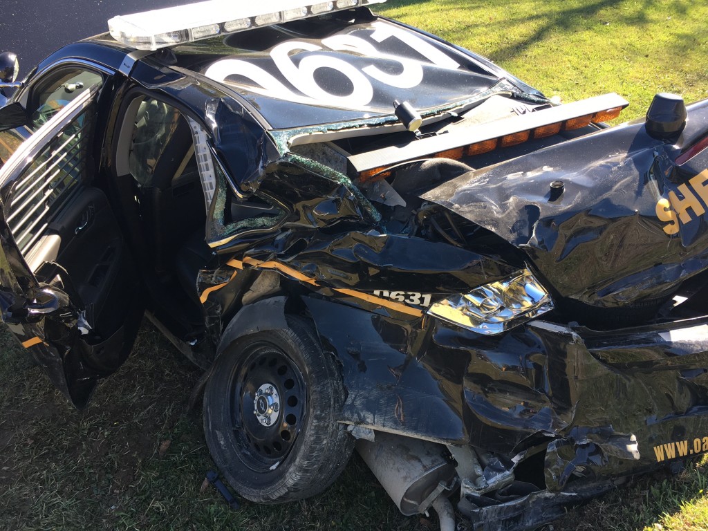 This Oakland County Sheriff’s patrol car sustained severe damage in an Oct. 9 crash on Baldwin Rd. Photo courtesy of the OSCO.