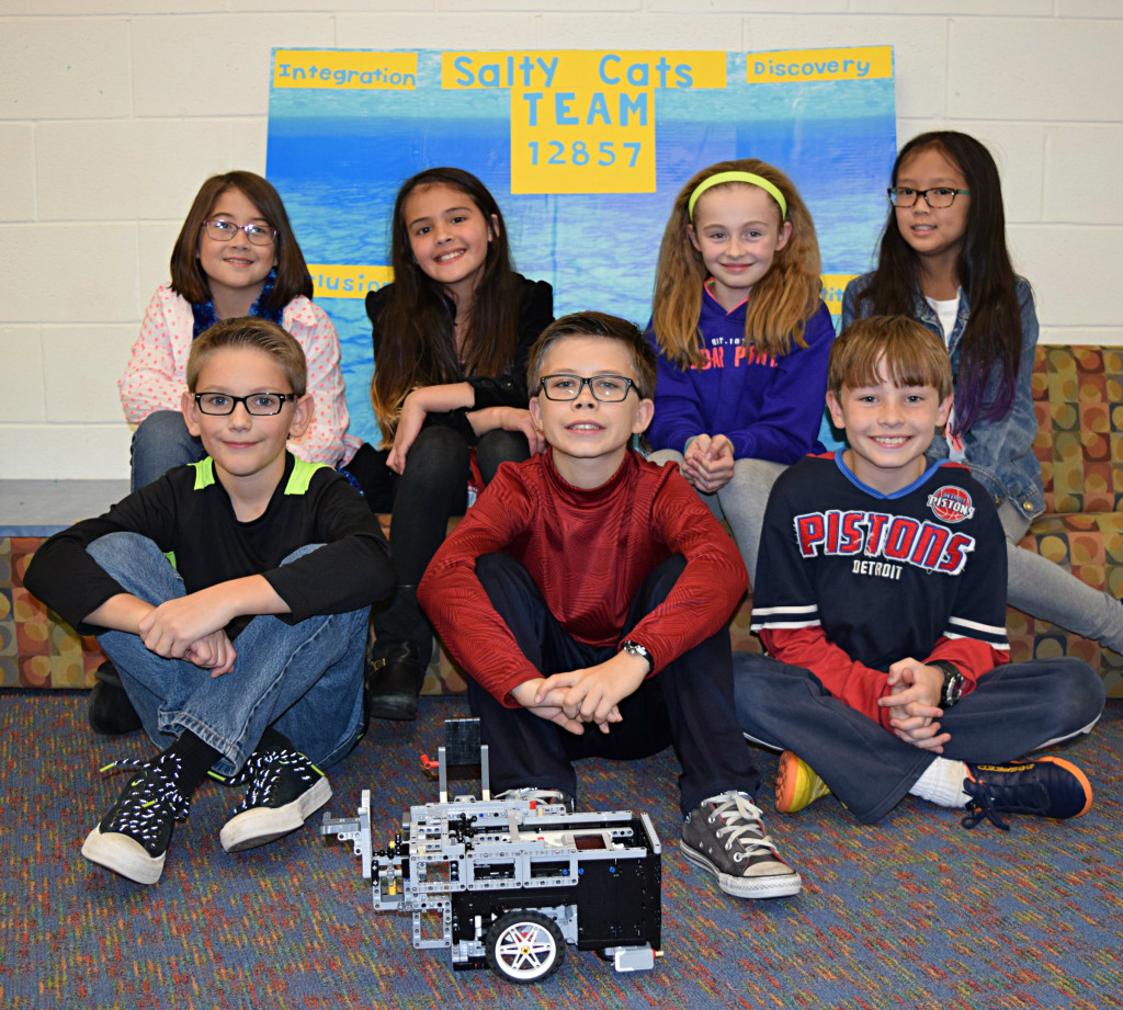 Clear Lake Elementary robotics team 12857 consists of (back row, from left) fifth-graders Molly Antoniou, Dana Lee, Natasha Dysarz, Jenna Duong. In the front are (from left) Luke Lovely, Michael Rustoni, Jack Dysarz. Photo by Elise Shire.