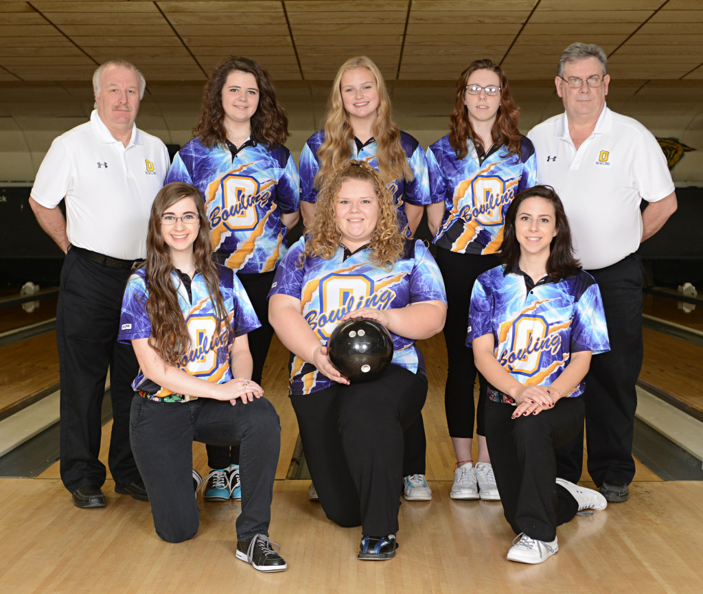 The Oxford Lady Wildcats varsity team is lining up for strikes this season. The team consists of Head Coach JR Lafnear (back row, from left) Marissa Smith, Megan Armbruster, Savannah Barnes, and Assistant Coach Fred Heichel. In the front row (from left) are Deanna Staser, Claire Sandstrom and Jenny Legault. Photo provided.