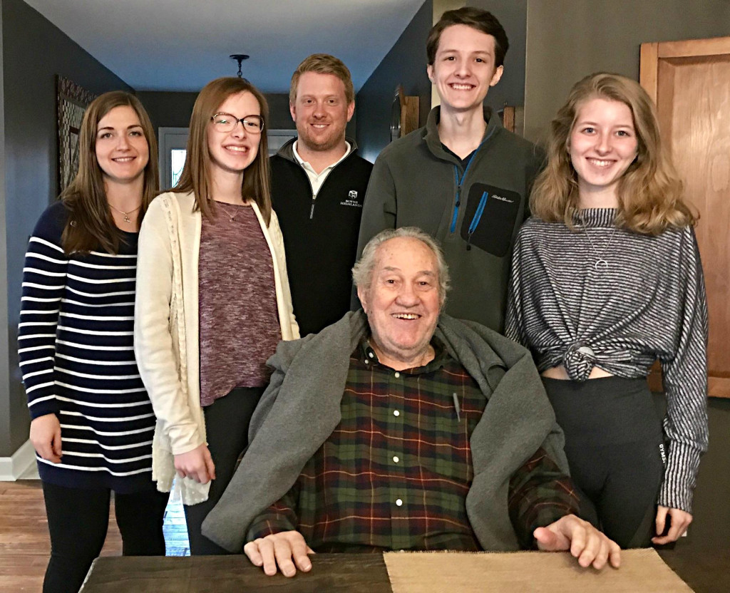 Above: Surrounding Jim "The Jotter" Sherman, Sr., are the grandkids, from the left Alex Offer, Haley Speed, Dan Offer, Trevor and Savannah Speed. Below is Karen Offer.