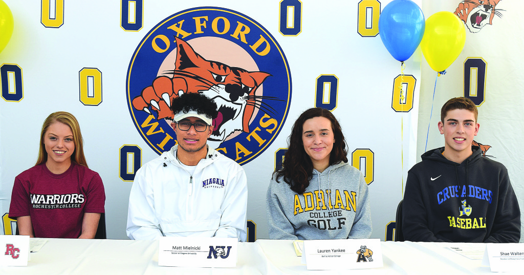 Four OHS seniors made their dedication to college sports official during a letter of intent signing ceremony held last week. Student-athletes signing that day were Sarah Liford (from left), Matt Mielnicki, Lauren Yankee and Shae Walters. Photo by Elise Shire.