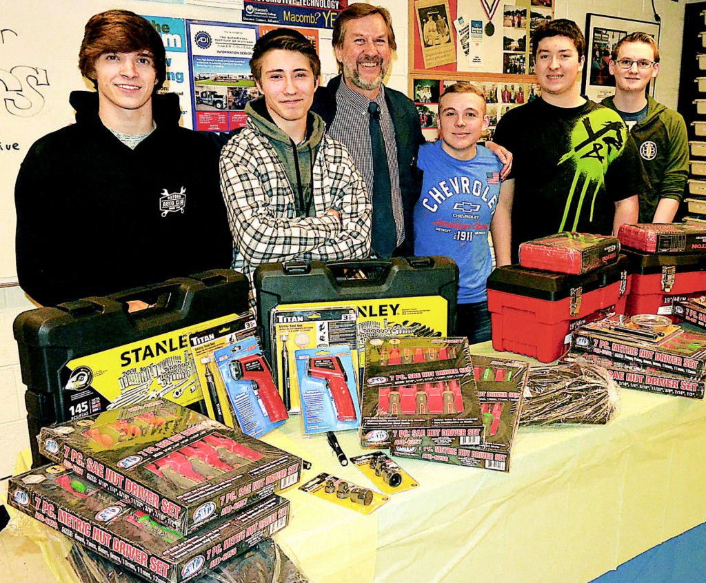 And the winners are . . .  Jacob Konarski (from left), Terry Sculley, Auto Technology teacher Daniel Balsley, Chase Moore, Jakob Butterfield and Ethan LaRock. Photos by C.J. Carnacchio.