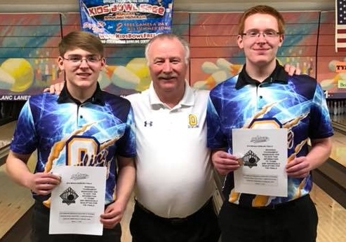 OHS bowlers and brothers Christian and Tanner Cartner earned All-State honors. In the middle is Coach J.R. Lafnear.