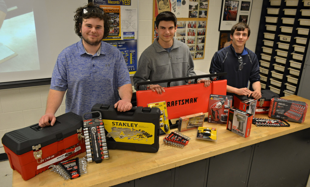 The overall winners in the 2018 Mini-MITES competition were OHS Auto Technology 2 students (from left) Max Zeiger (first place), Mitch Essenmacher (second place) and Joe Legault (third place). Each received a trove of new tools. Photos by C.J. Carnacchio.
