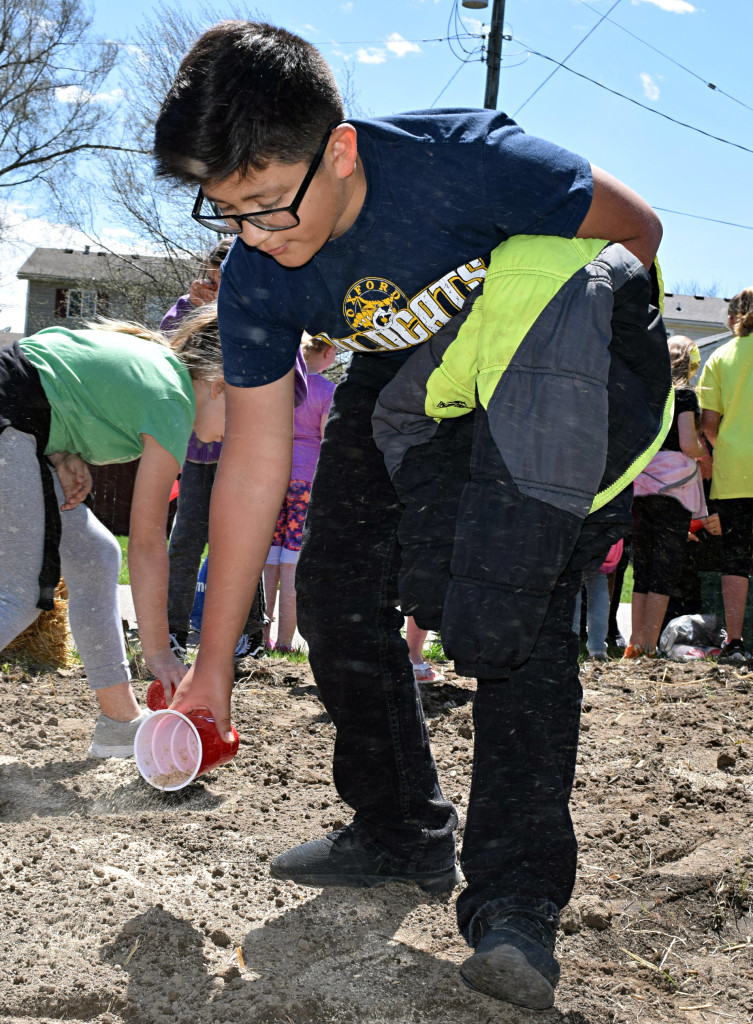 Matthew Aguilar helps plant the butterfly flower seed mix. Photo by Elise Shire.
