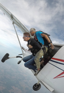 Kubinski and Alfiche leap out of the plane at an altitude of 14,000 feet. Photo courtesy of Midwest Freefall Skydiving.