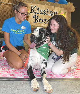 Oxford residents Hailey Hodges (left) and Amanda Holcomb (right) spend some quality time with Scooby, a Great Dane. Photo by Elise Shire.