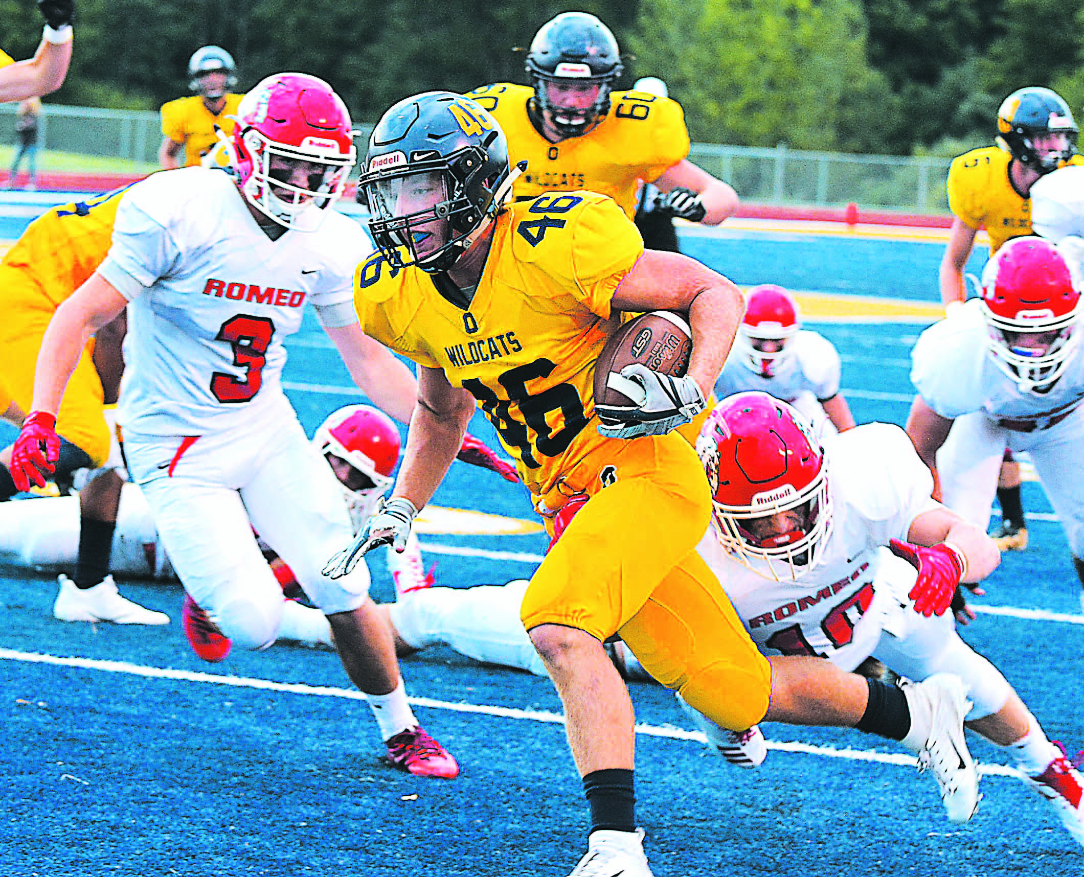 Senior Trent Myre scored all three of the Wildcats’ touchdowns during Friday night’s win over Romeo. Photo by C.J. Carnacchio