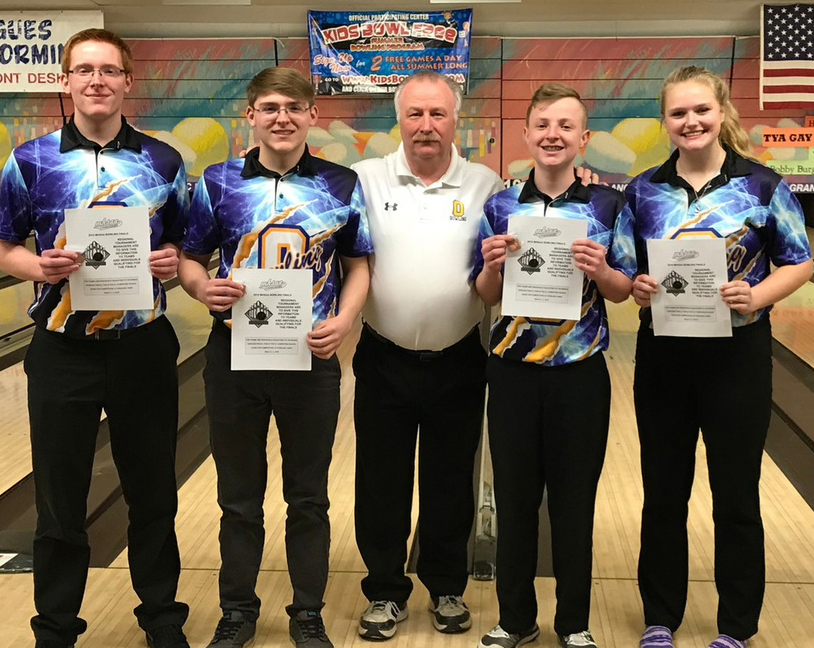 Bowling Coach J.R. Lafnear pictured with four of his top bowlers from the winter 2018 season – Tanner Cartner, Christian Cartner, Zachariah Barrows and Megan Armbruster. Lafnear led both the boys and the girls to states last season. Photo provided.