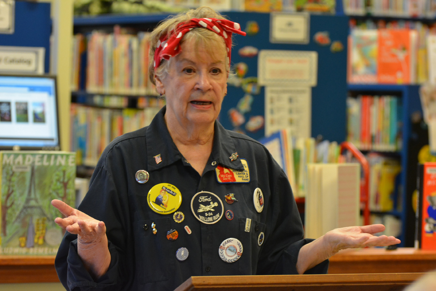 Donnaleen Lanktree, president of the American Rosie the Riveter Association, visited the Addison Twp. Public Library. Photo by C.J. Carnacchio.