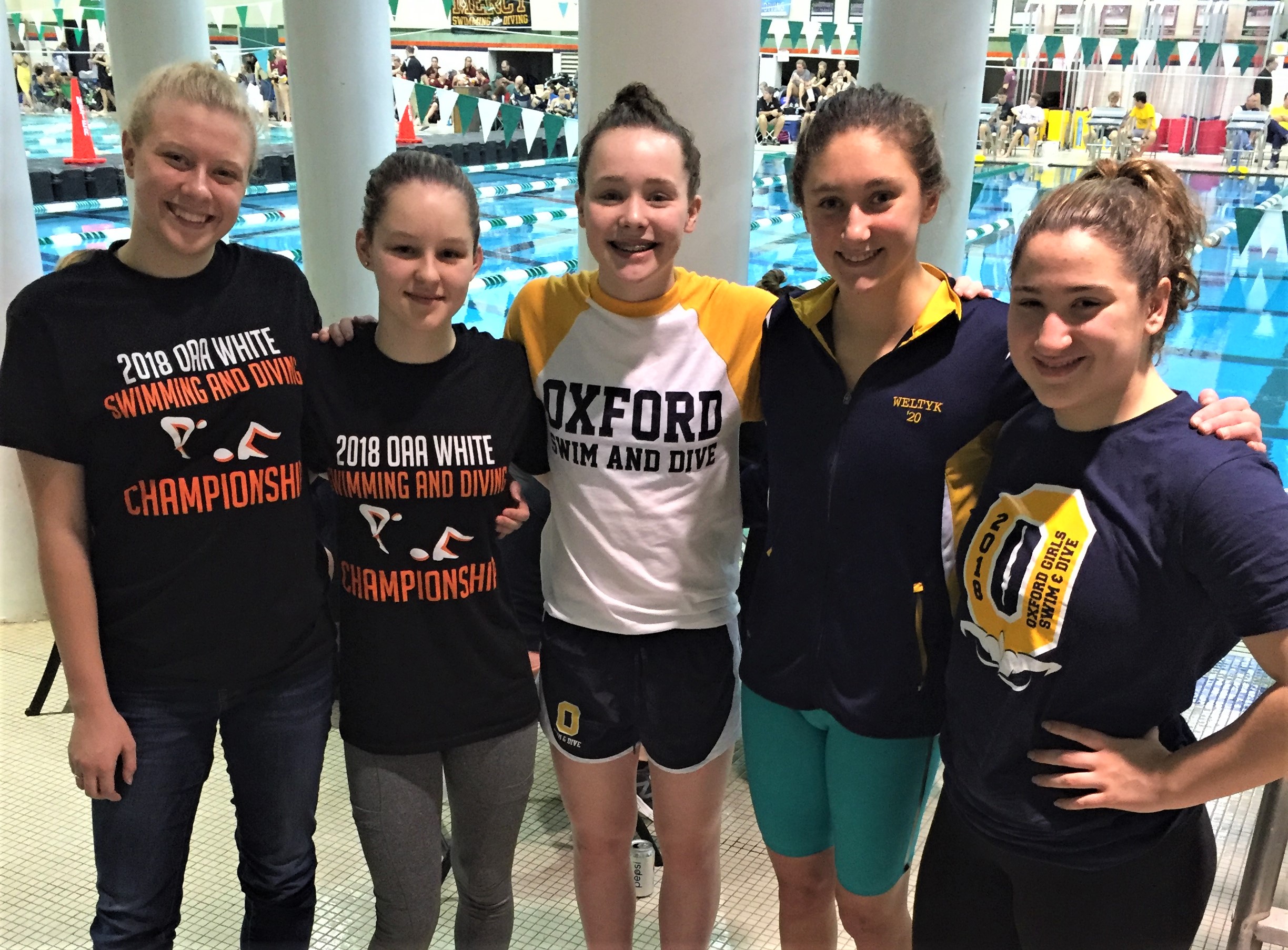 Grace Charnstrom (from left), Cali Schnur, Jenna Fistler, Ashlee Weltyk and Keira Veltigian represented Wildcat swim at the state meet. Photo provided.