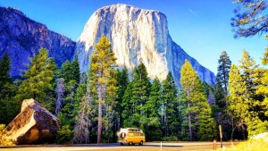 The VW bus parked in Yosemite National Park in California.