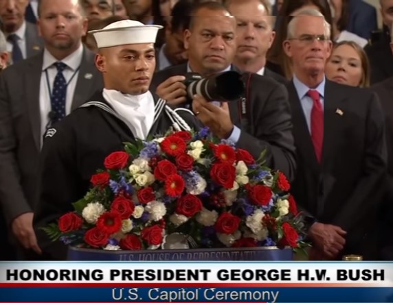 Navy Airman Dallas Pruitt, a 2015 OHS graduate, presented a wreath on behalf of the House of Representatives during the Dec. 3 U.S. Capitol ceremony honoring the late President George H.W. Bush. Screenshot from Fox News.