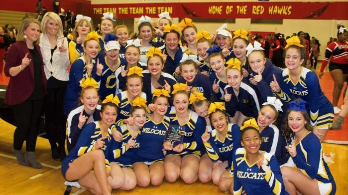 Oxford’s varsity cheerleaders celebrate their becoming the OAA White champs at the league’s final meet of the season. Photo provided.